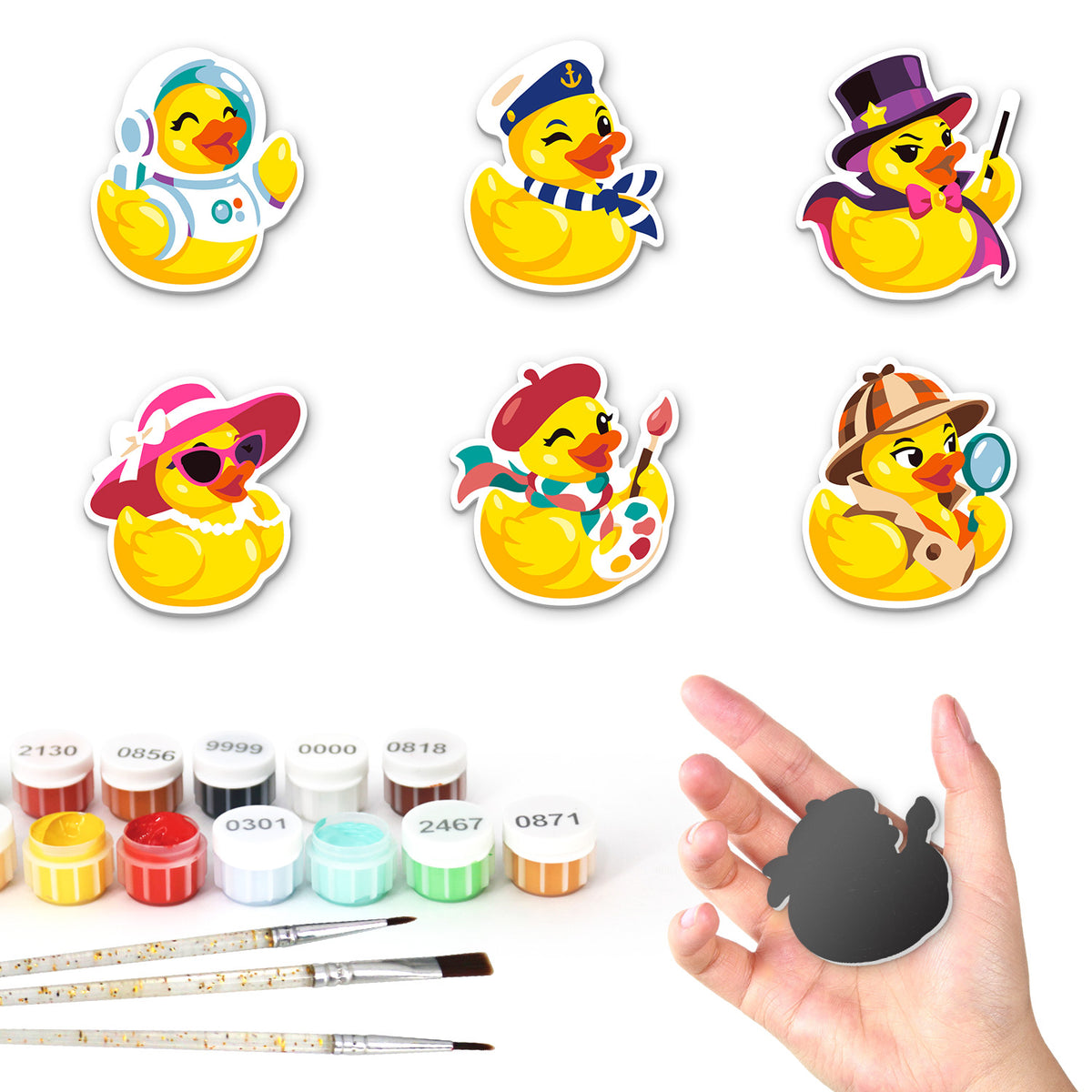 Rubber Duck Dress-Up fridge magnets – Six rubber ducks in costumes: an astronaut, a sailor, a magician, a sunbather, an artist and a detective