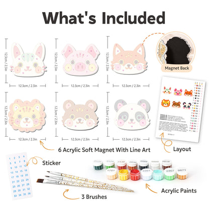 Rosy-Cheeked Zoo Pals fridge magnets – what's in the kit: the 6 soft magnets, numbered paints, brushes, layout sheet and stickers