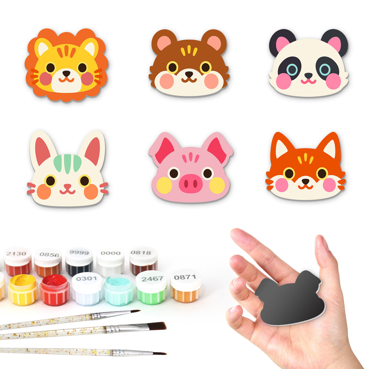 Rosy-Cheeked Zoo Pals fridge magnets – Six rosy-cheeked animal faces: a lion, a bear, a panda, a bunny, a pig and a fox