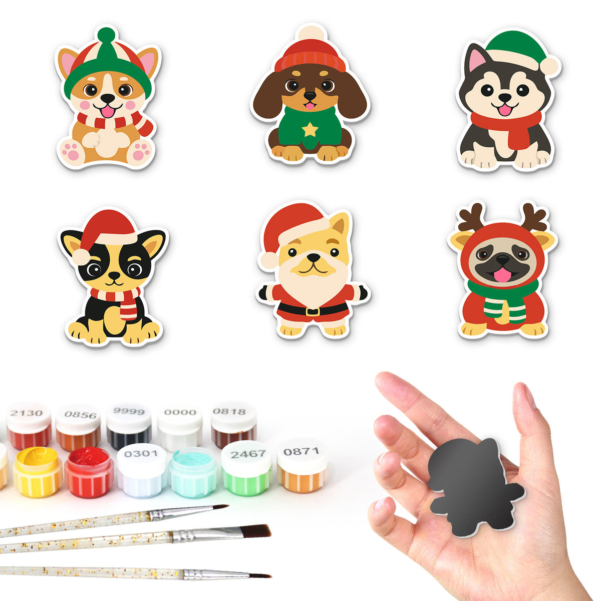 Bobble Hat Holiday Hounds fridge magnets – Six dogs in Christmas hats: a corgi, a dachshund, a husky, a chihuahua, a shiba in a Santa suit and a reindeer pug