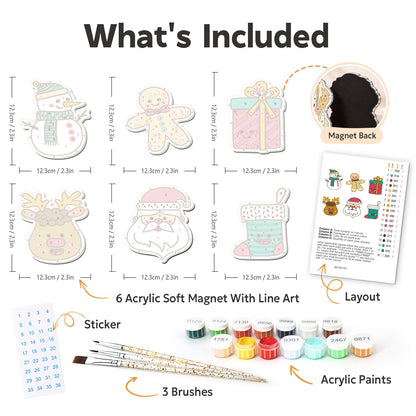 Santa Face and Stocking Doodles fridge magnets – what's in the kit: the 6 soft magnets, numbered paints, brushes, layout sheet and stickers