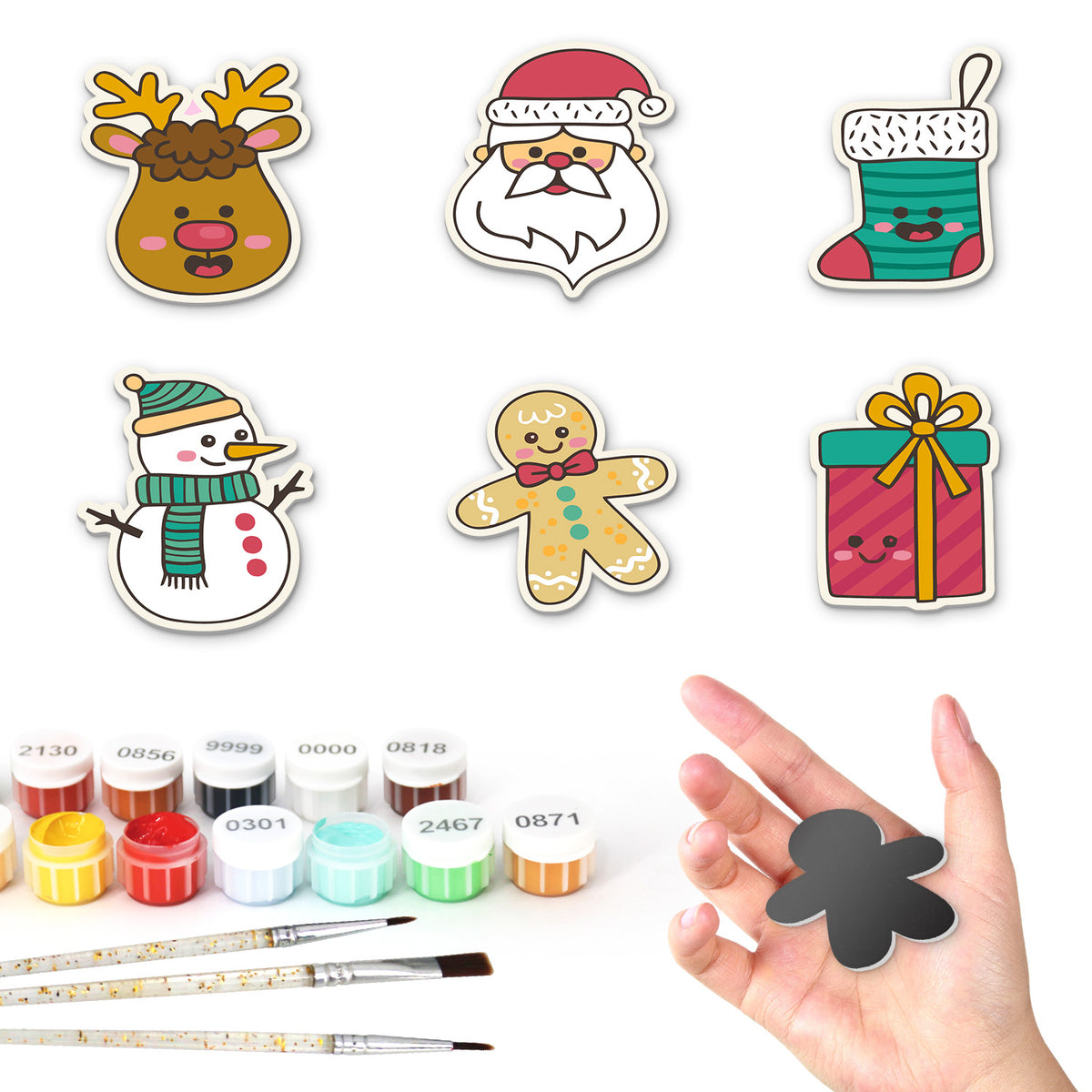 Santa Face and Stocking Doodles fridge magnets – Six simple Christmas designs: a reindeer face, a Santa face, a stocking, a snowman, a gingerbread man and a gift