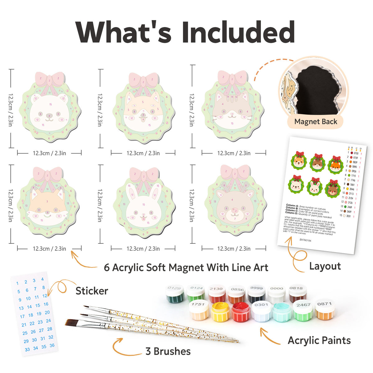 Wreath-Framed Animal Faces fridge magnets – what's in the kit: the 6 soft magnets, numbered paints, brushes, layout sheet and stickers