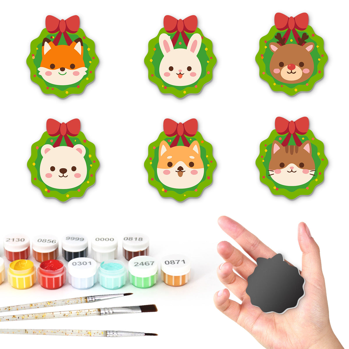 Wreath-Framed Animal Faces fridge magnets – Six animal faces in green wreaths with red bows: a fox, a bunny, a reindeer, a bear, a shiba dog and a cat