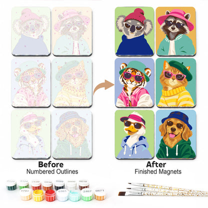 Streetwear Animals in Shades fridge magnets – Six animals in sunglasses, hats and hoodies: a koala, a raccoon, a tiger, a cat, a duck and a golden retriever