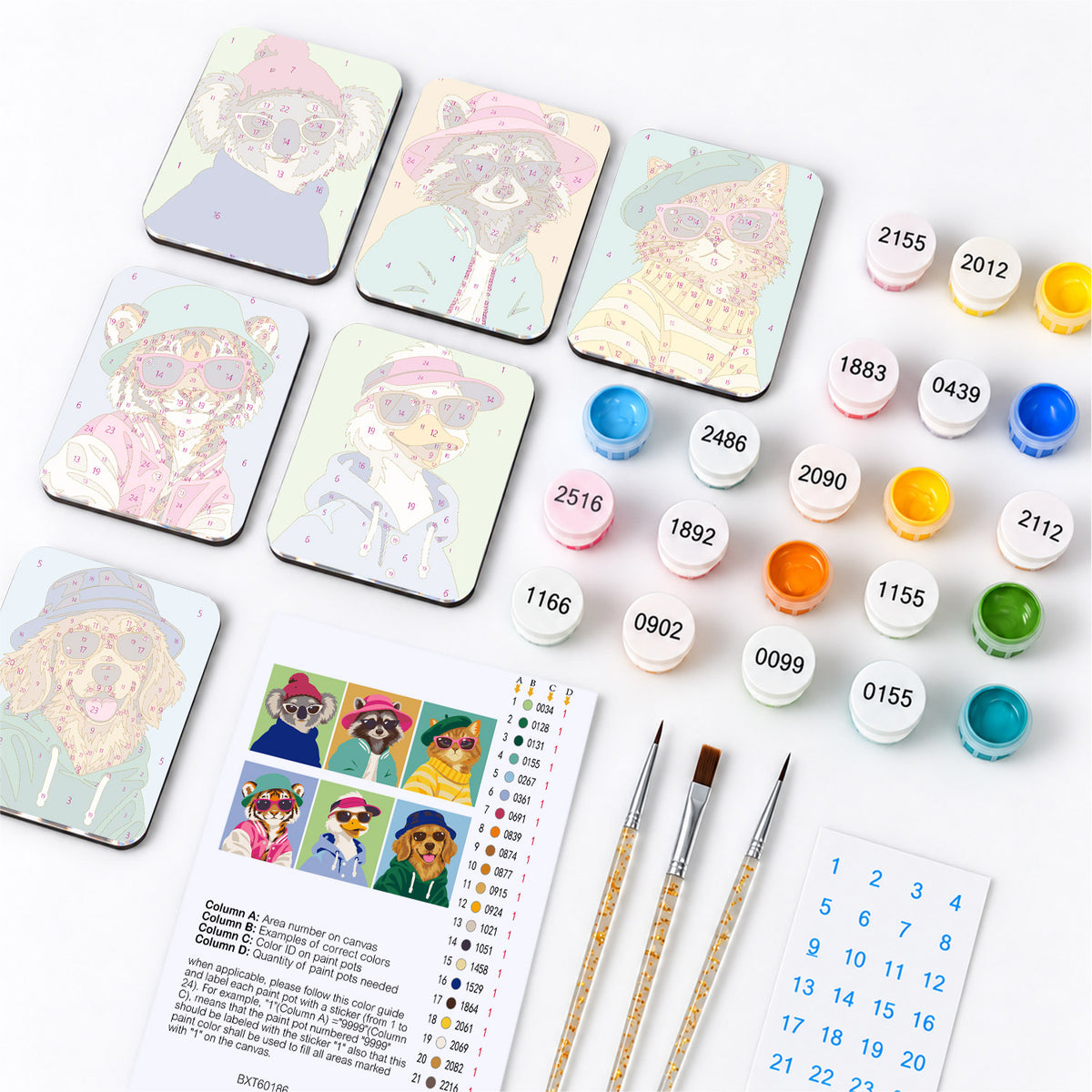 Streetwear Animals in Shades fridge magnets – what's in the kit: the 6 magnet tiles, numbered paints, brushes, layout sheet and stickers