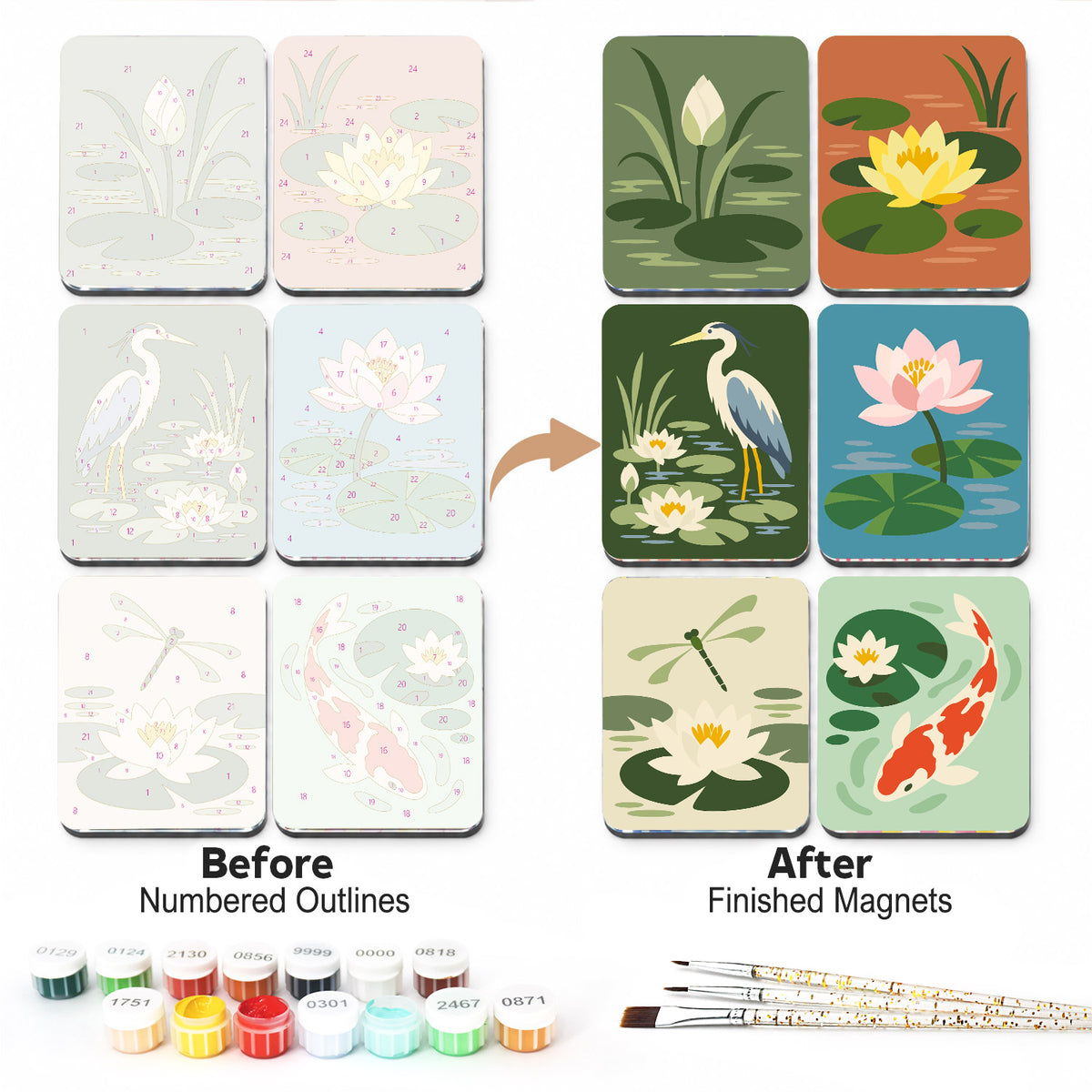 Lily Pond Heron and Koi fridge magnets – Six pond scenes in sage and teal: water lilies, a pink lotus, a heron, a dragonfly and a koi among lily pads
