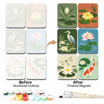 Lily Pond Heron and Koi fridge magnets – Six pond scenes in sage and teal: water lilies, a pink lotus, a heron, a dragonfly and a koi among lily pads
