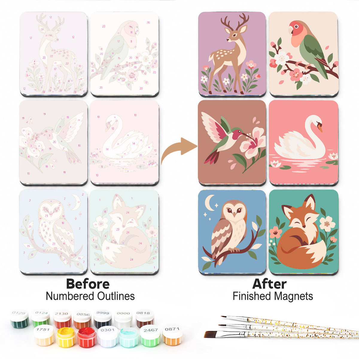Gentle Wildlife in Blossom fridge magnets – Six soft-toned animals among blossoms: a fawn, a lovebird, a hummingbird, a swan, an owl under the moon and a fox