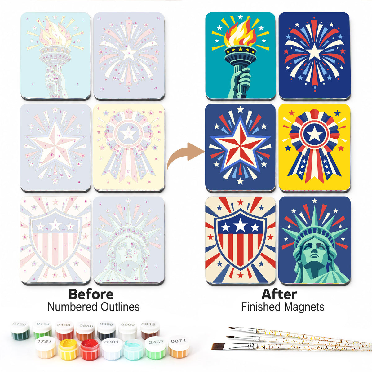 Liberty Torch and Fireworks fridge magnets – Red, white and blue patriotic designs: a liberty torch, fireworks, stars, a rosette, a shield and Lady Liberty's head