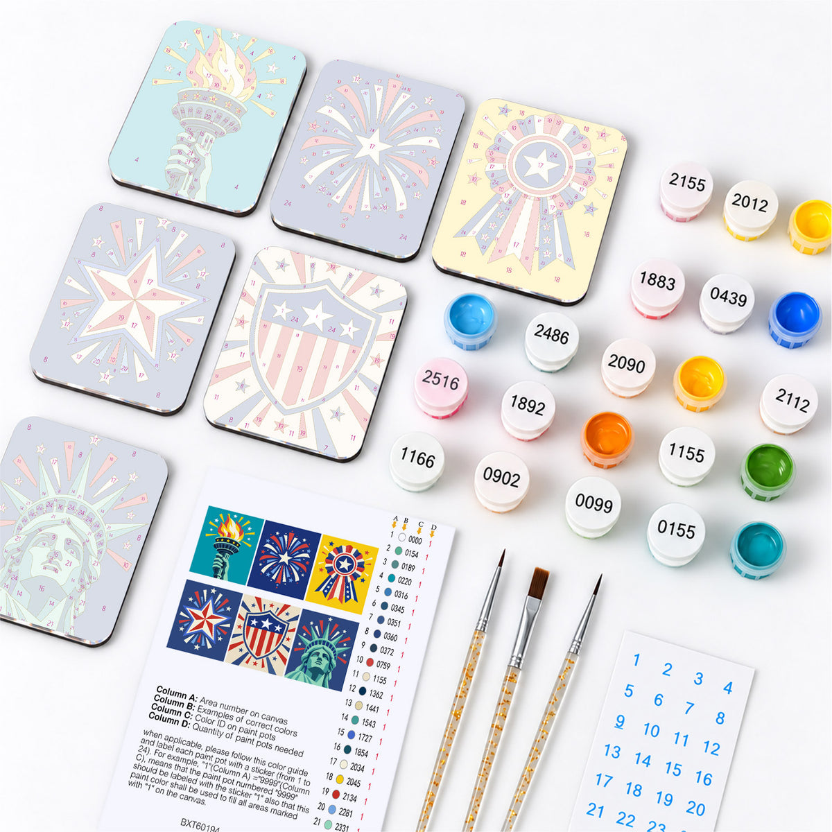 Liberty Torch and Fireworks fridge magnets – what's in the kit: the 6 magnet tiles, numbered paints, brushes, layout sheet and stickers