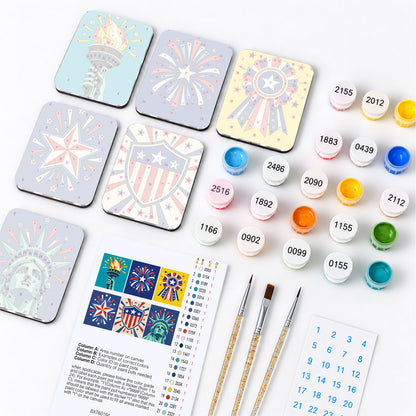 Liberty Torch and Fireworks fridge magnets – what's in the kit: the 6 magnet tiles, numbered paints, brushes, layout sheet and stickers