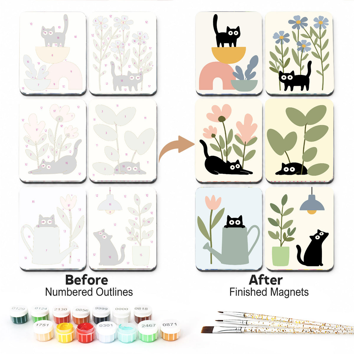 Peekaboo Cats and Houseplants fridge magnets – Six playful black cats hiding among houseplants, wildflowers, a watering can and a hanging lamp on cream tiles
