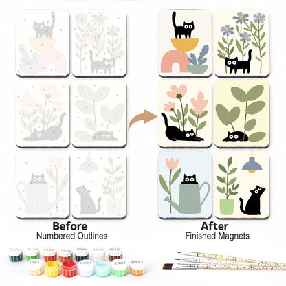 Peekaboo Cats and Houseplants fridge magnets – Six playful black cats hiding among houseplants, wildflowers, a watering can and a hanging lamp on cream tiles