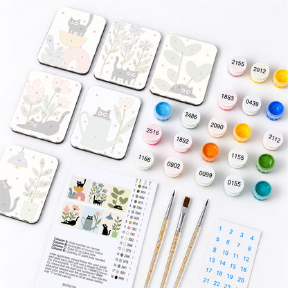 Peekaboo Cats and Houseplants fridge magnets – what's in the kit: the 6 magnet tiles, numbered paints, brushes, layout sheet and stickers