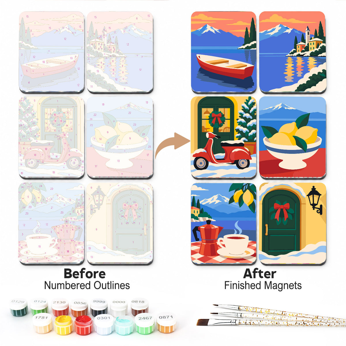 Christmas on the Italian Lakes fridge magnets – Six Italian lakeside scenes: a rowboat, a waterside village, a red scooter, lemons, coffee and wreathed doors in snow