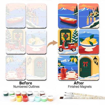 Christmas on the Italian Lakes fridge magnets – Six Italian lakeside scenes: a rowboat, a waterside village, a red scooter, lemons, coffee and wreathed doors in snow