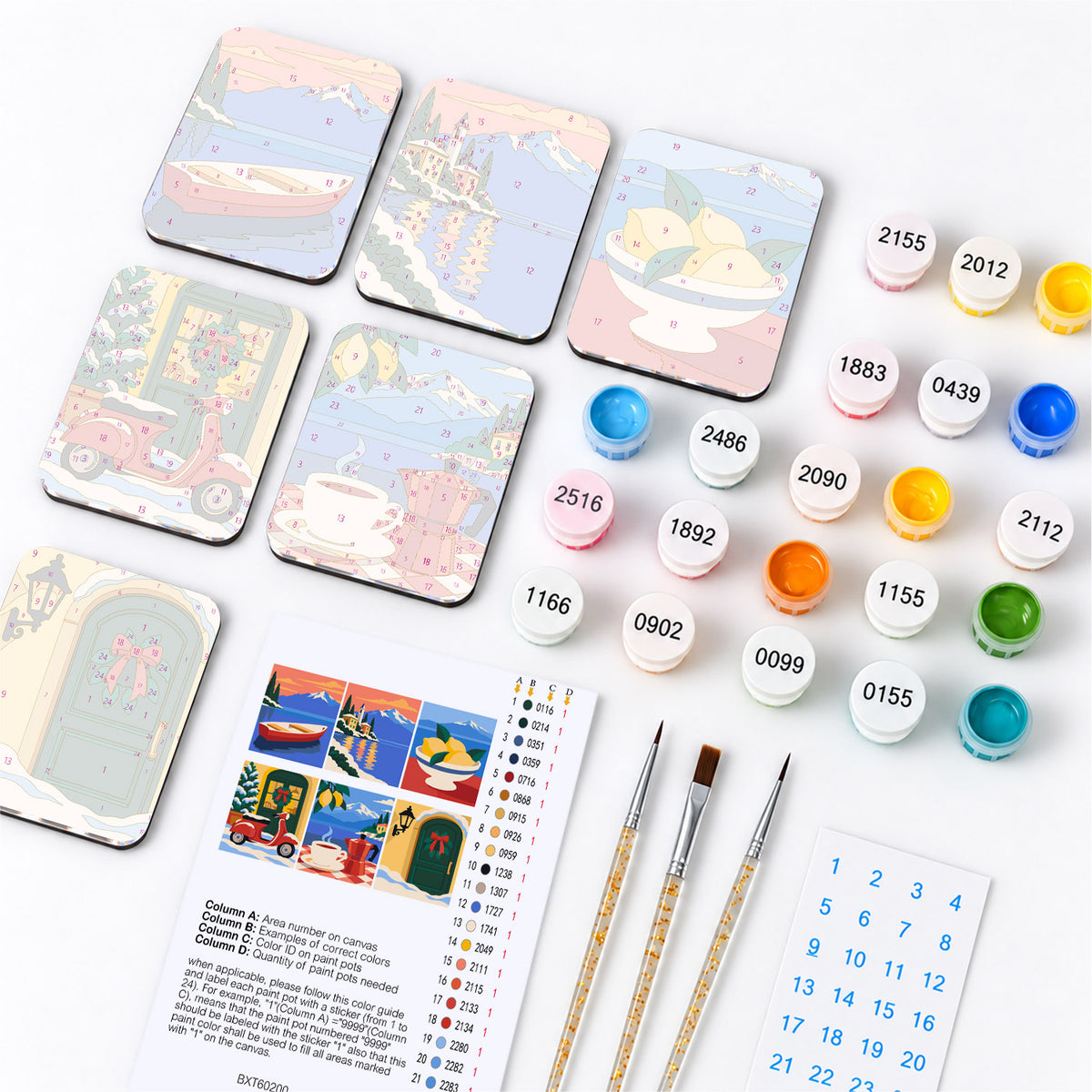 Christmas on the Italian Lakes fridge magnets – what's in the kit: the 6 magnet tiles, numbered paints, brushes, layout sheet and stickers