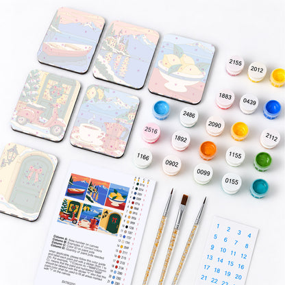 Christmas on the Italian Lakes fridge magnets – what's in the kit: the 6 magnet tiles, numbered paints, brushes, layout sheet and stickers