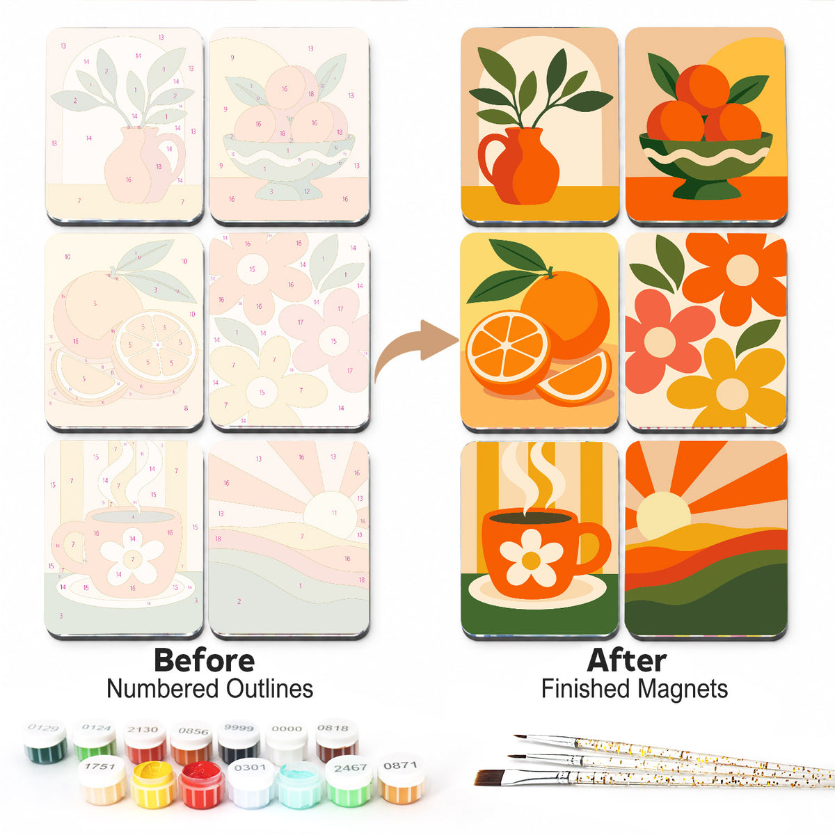 Tangerine Retro Sunrise fridge magnets – Six retro designs in orange and green: a vase plant, a bowl of oranges, a cut orange, flowers, a mug and a sunset