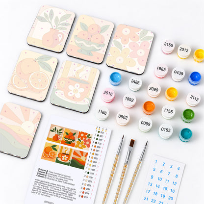 Tangerine Retro Sunrise fridge magnets – what's in the kit: the 6 magnet tiles, numbered paints, brushes, layout sheet and stickers