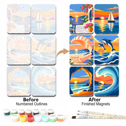 Sunset Sails and Dolphins fridge magnets – Six sunset seascapes: a flowered terrace, a sailboat, a seashell, leaping dolphins, a rock arch and a curling wave