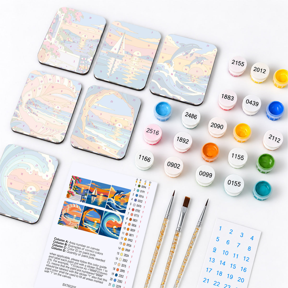 Sunset Sails and Dolphins fridge magnets – what's in the kit: the 6 magnet tiles, numbered paints, brushes, layout sheet and stickers