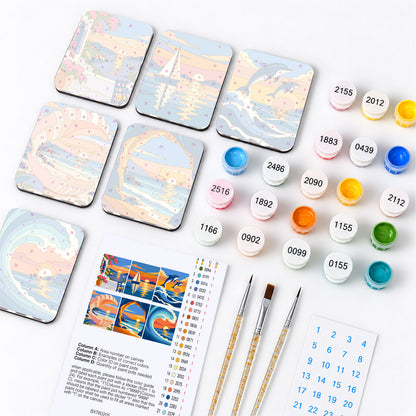 Sunset Sails and Dolphins fridge magnets – what's in the kit: the 6 magnet tiles, numbered paints, brushes, layout sheet and stickers