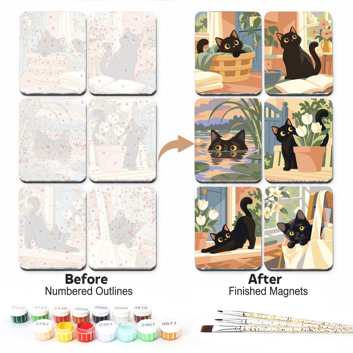 Sunlit Window Black Cats fridge magnets – Six black cats in soft pastel scenes: in a basket, on books, peeking from a pond, by tulips, stretching and in bed