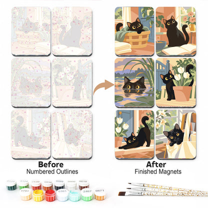 Sunlit Window Black Cats fridge magnets – Six black cats in soft pastel scenes: in a basket, on books, peeking from a pond, by tulips, stretching and in bed