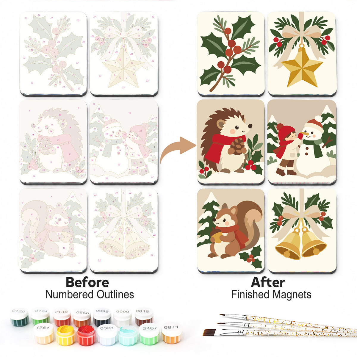 Holly, Hedgehog and Golden Bells fridge magnets – Christmas designs on cream: holly, a gold star, a hedgehog in a scarf, a child with a snowman, a squirrel and bells