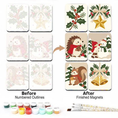 Holly, Hedgehog and Golden Bells fridge magnets – Christmas designs on cream: holly, a gold star, a hedgehog in a scarf, a child with a snowman, a squirrel and bells