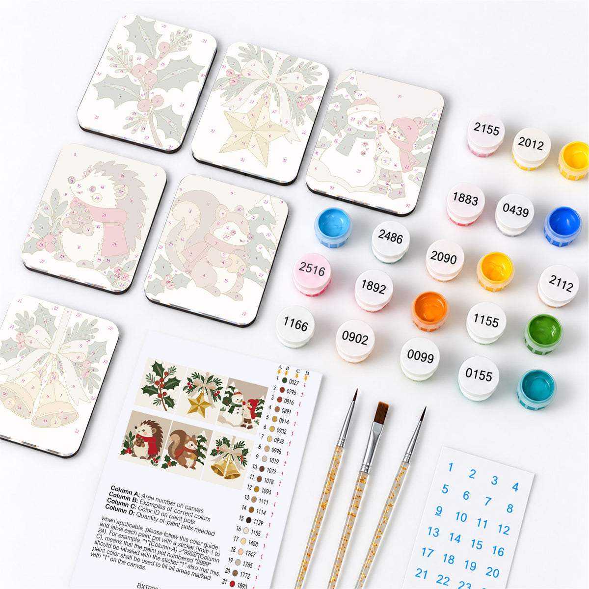 Holly, Hedgehog and Golden Bells fridge magnets – what's in the kit: the 6 magnet tiles, numbered paints, brushes, layout sheet and stickers