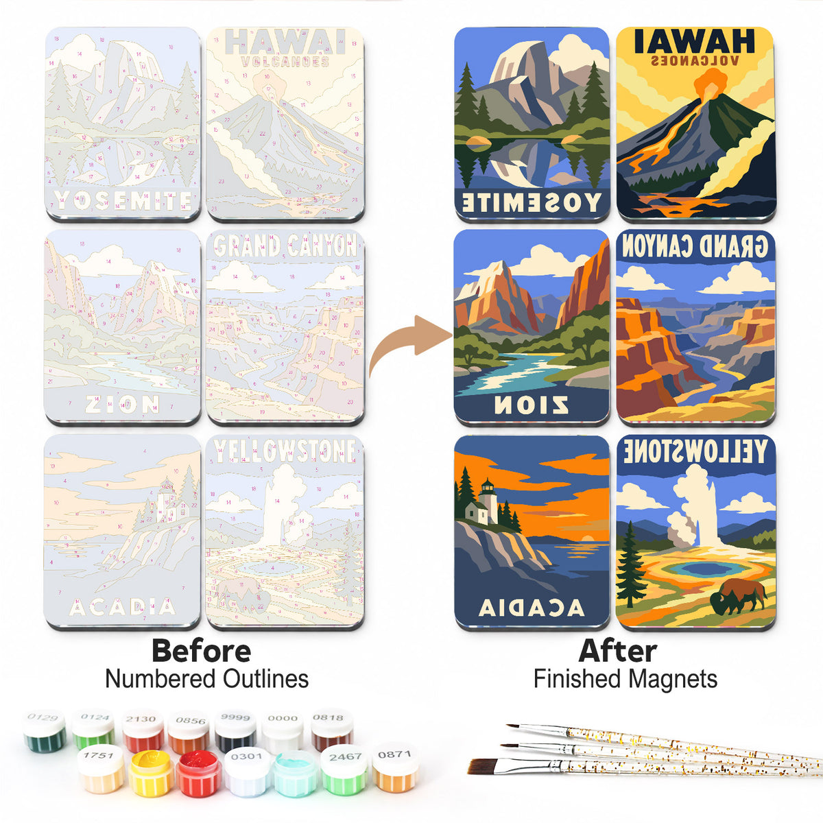 Retro National Park Posters fridge magnets – all six designs, before and after