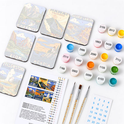 Retro National Park Posters fridge magnets – what's in the kit: the 6 magnet tiles, numbered paints, brushes, layout sheet and stickers