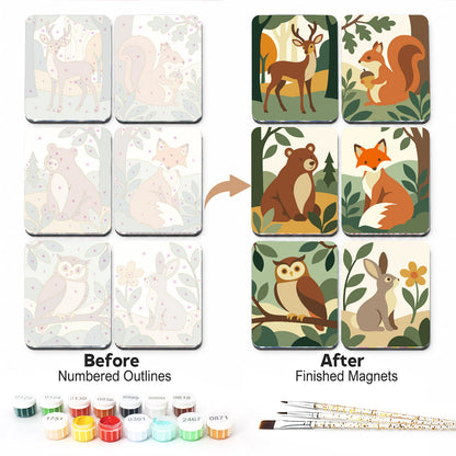 Sage Green Forest Friends fridge magnets – Six forest animals framed by leaves in sage and rust: a deer, a squirrel, a bear, a fox, an owl and a rabbit