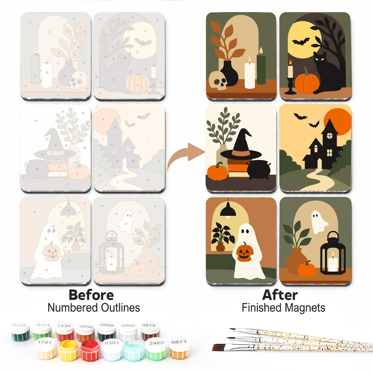 Olive and Rust Halloween Nooks fridge magnets – Muted Halloween vignettes in olive and rust: a skull, a black cat, a witch hat, a haunted house and two ghosts