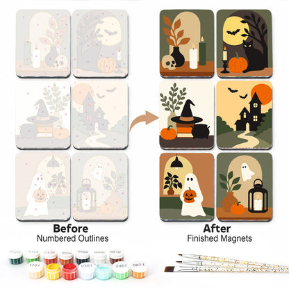 Olive and Rust Halloween Nooks fridge magnets – Muted Halloween vignettes in olive and rust: a skull, a black cat, a witch hat, a haunted house and two ghosts