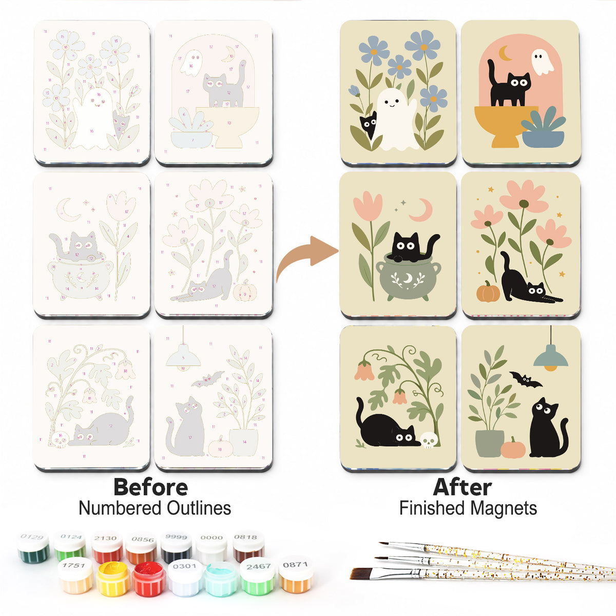 Cottage Witch Black Cats fridge magnets – Black cats among pale wildflowers with small ghosts, a cauldron, pumpkins, a skull and a bat on cream tiles