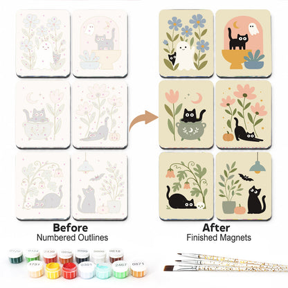 Cottage Witch Black Cats fridge magnets – Black cats among pale wildflowers with small ghosts, a cauldron, pumpkins, a skull and a bat on cream tiles