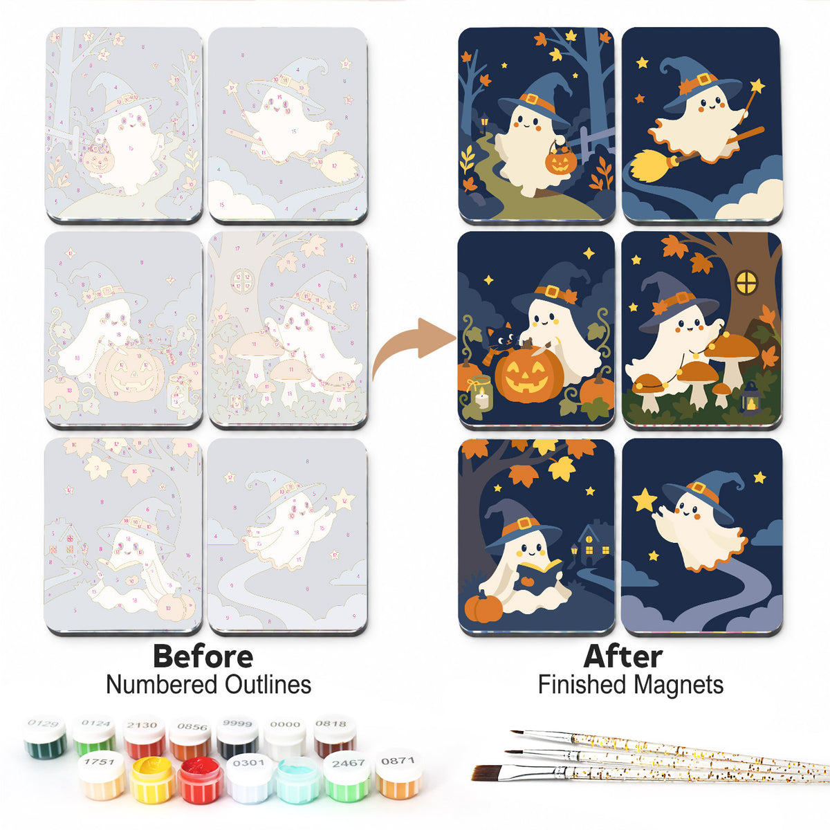 Witch-Hat Ghosts by Moonlight fridge magnets – Six little ghosts in witch hats on starry navy nights, flying a broom, carrying pumpkins, reading and roaming woods