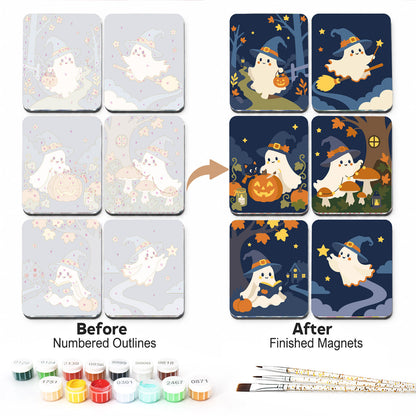 Witch-Hat Ghosts by Moonlight fridge magnets – Six little ghosts in witch hats on starry navy nights, flying a broom, carrying pumpkins, reading and roaming woods