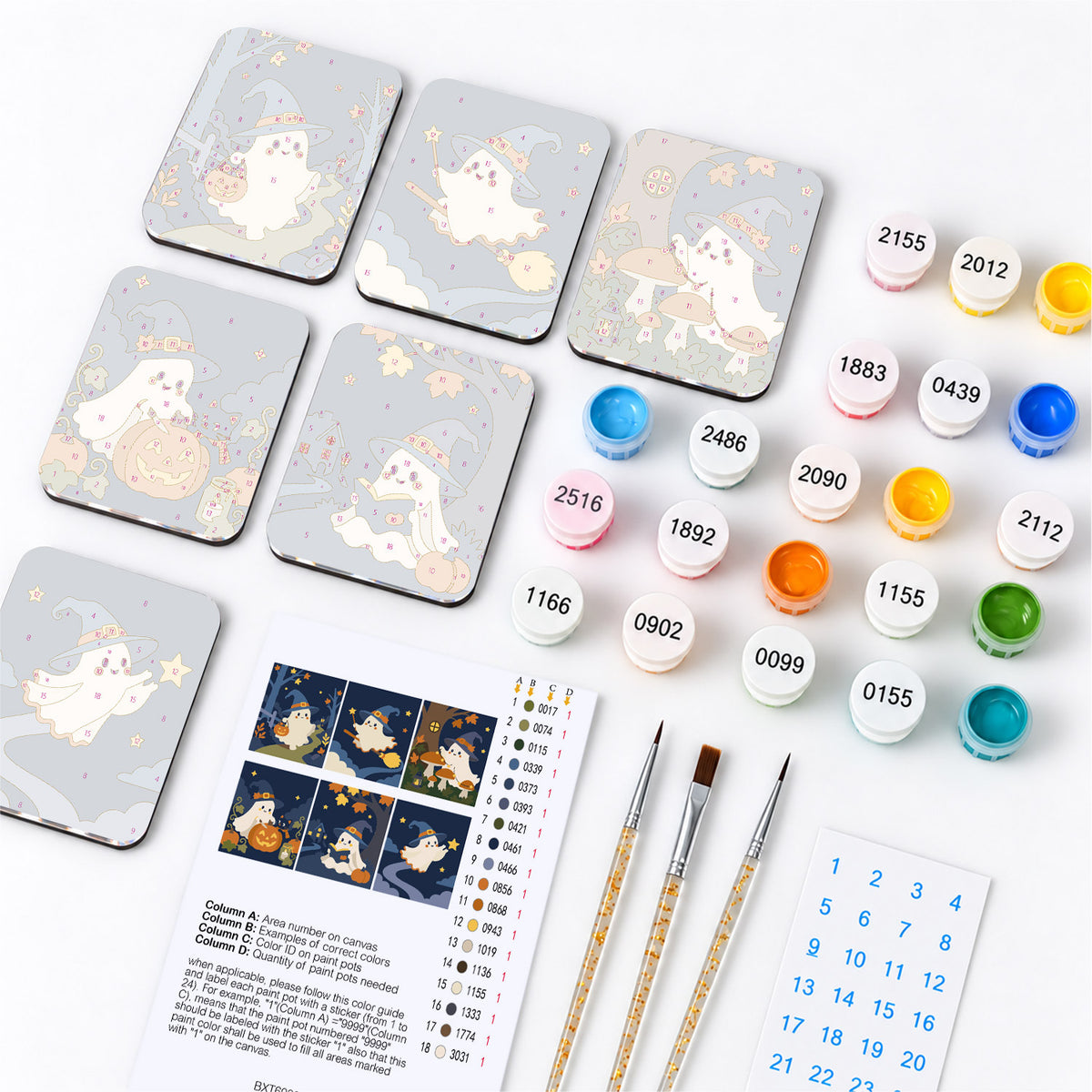 Witch-Hat Ghosts by Moonlight fridge magnets – what's in the kit: the 6 magnet tiles, numbered paints, brushes, layout sheet and stickers