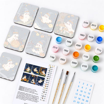 Witch-Hat Ghosts by Moonlight fridge magnets – what's in the kit: the 6 magnet tiles, numbered paints, brushes, layout sheet and stickers