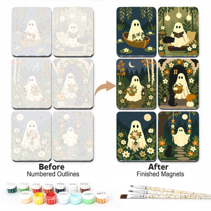Moonlit Meadow Ghosts fridge magnets – Ghosts in a dark floral garden: rowing, reading, gathering flowers, under an arch and swinging, with a black cat
