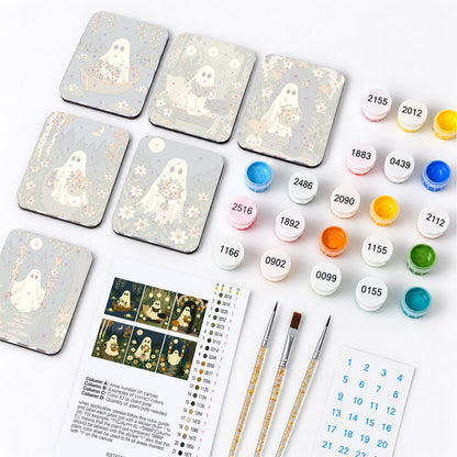 Moonlit Meadow Ghosts fridge magnets – what's in the kit: the 6 magnet tiles, numbered paints, brushes, layout sheet and stickers