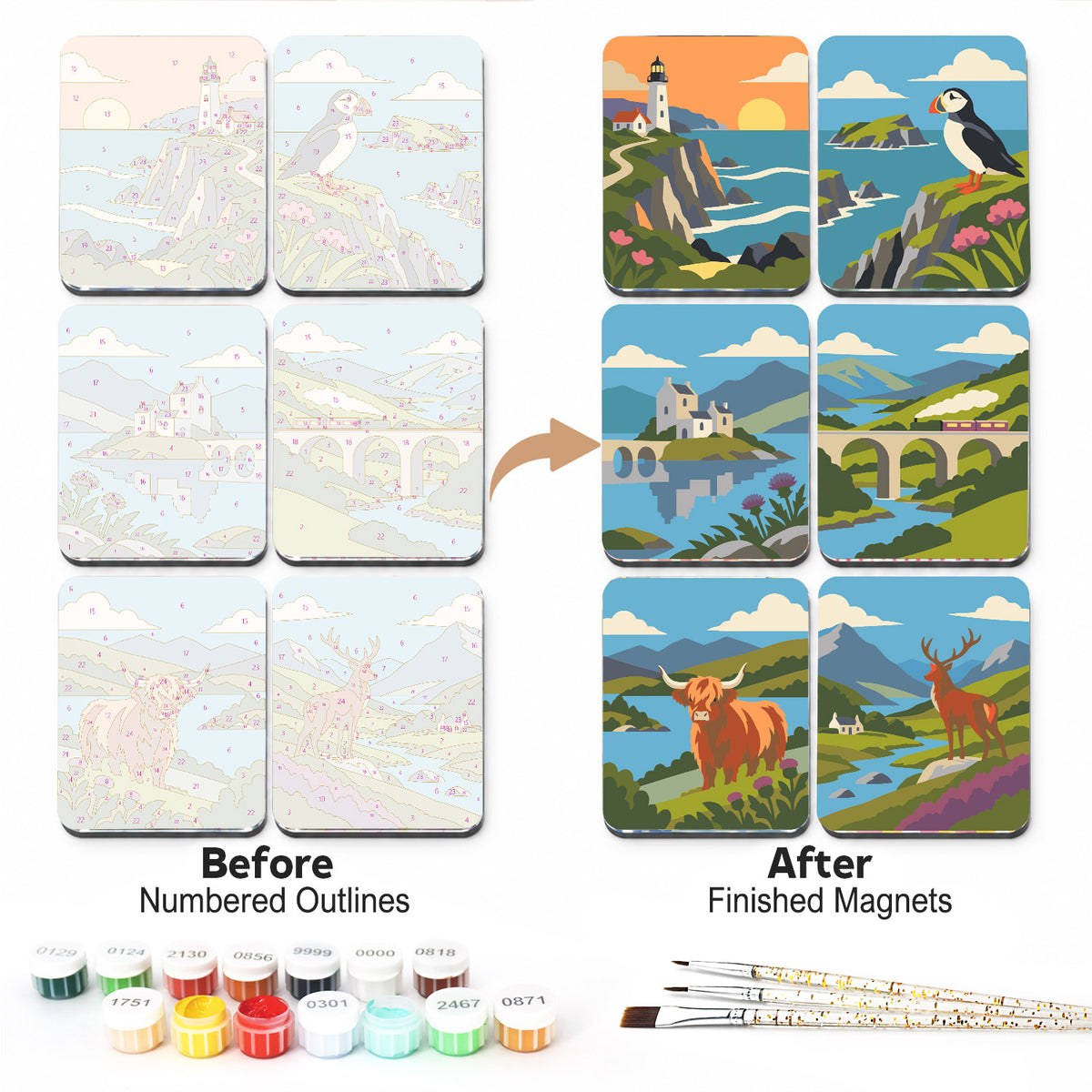 Highland Lochs and Puffins fridge magnets – Scottish Highland scenes: a cliff lighthouse, a puffin, a loch castle, a viaduct train, a highland cow and a red stag