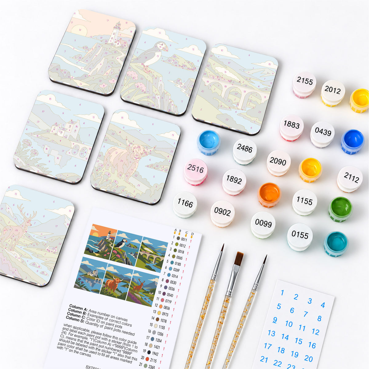 Highland Lochs and Puffins fridge magnets – what's in the kit: the 6 magnet tiles, numbered paints, brushes, layout sheet and stickers