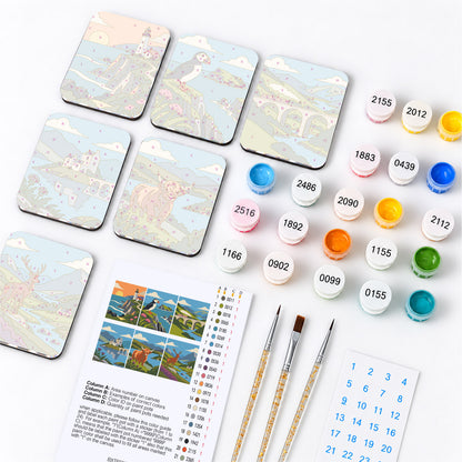 Highland Lochs and Puffins fridge magnets – what's in the kit: the 6 magnet tiles, numbered paints, brushes, layout sheet and stickers