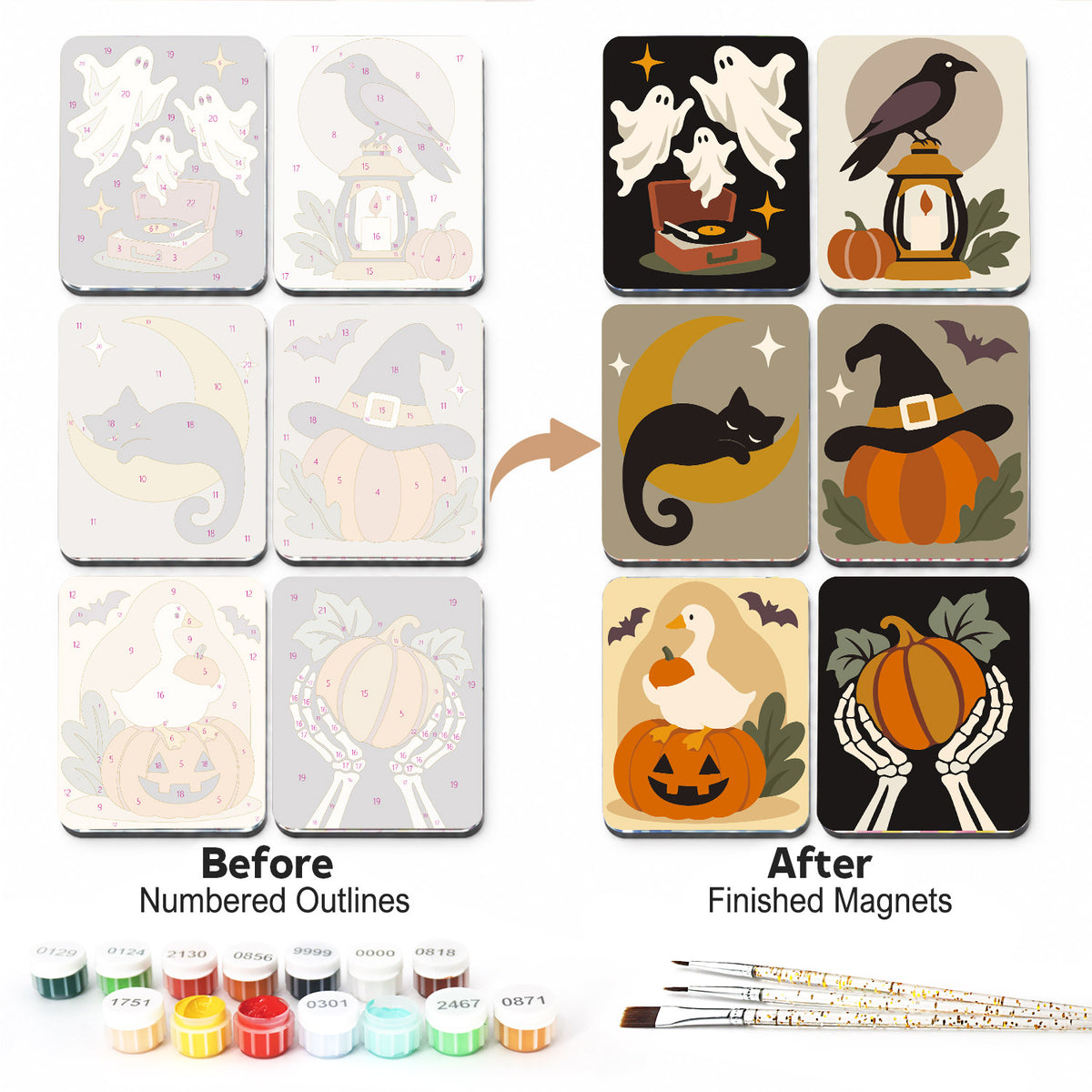 Raven, Ghosts and Bony Hands fridge magnets – Ghosts round a record player, a raven on a lantern, a cat on the moon, a witch hat, a goose, skeleton hands